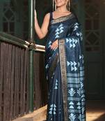 Indigo abstract print soft silk saree with zari border with blouse piece