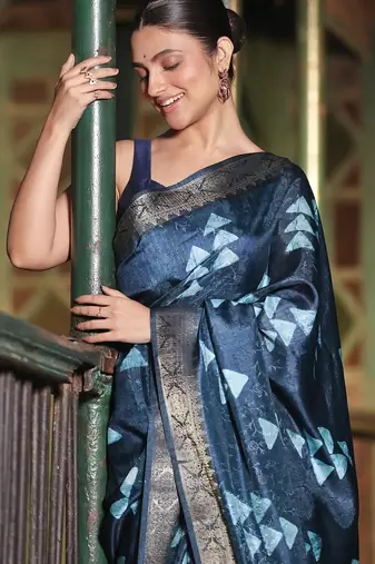 Indigo abstract print soft silk saree with zari border with blouse piece