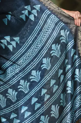 Indigo abstract print soft silk saree with zari border with blouse piece