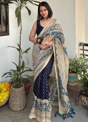 Blue bandhej print kalamkari pallu chanderi cotton saree with blouse piece 1