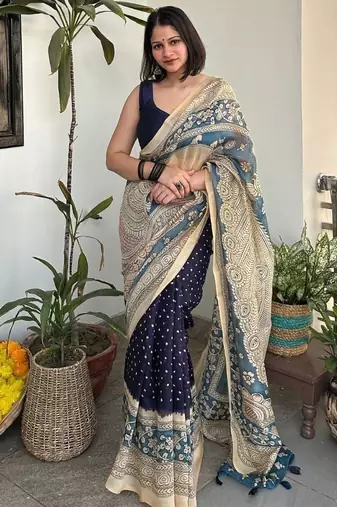 Blue bandhej print kalamkari pallu chanderi cotton saree with blouse piece