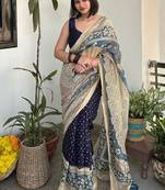Blue bandhej print kalamkari pallu chanderi cotton saree with blouse piece