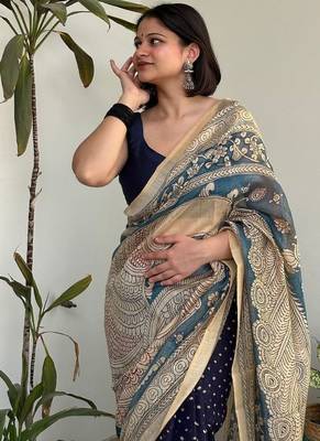 Blue bandhej print kalamkari pallu chanderi cotton saree with blouse piece 2