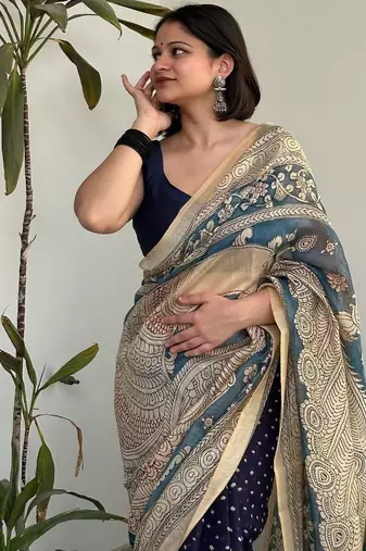 Blue bandhej print kalamkari pallu chanderi cotton saree with blouse piece