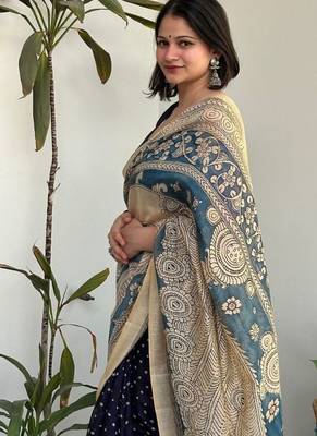 Blue bandhej print kalamkari pallu chanderi cotton saree with blouse piece 3