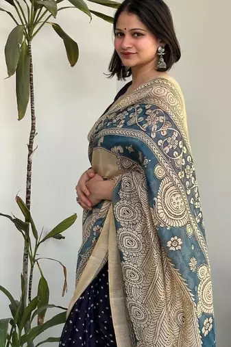 Blue bandhej print kalamkari pallu chanderi cotton saree with blouse piece