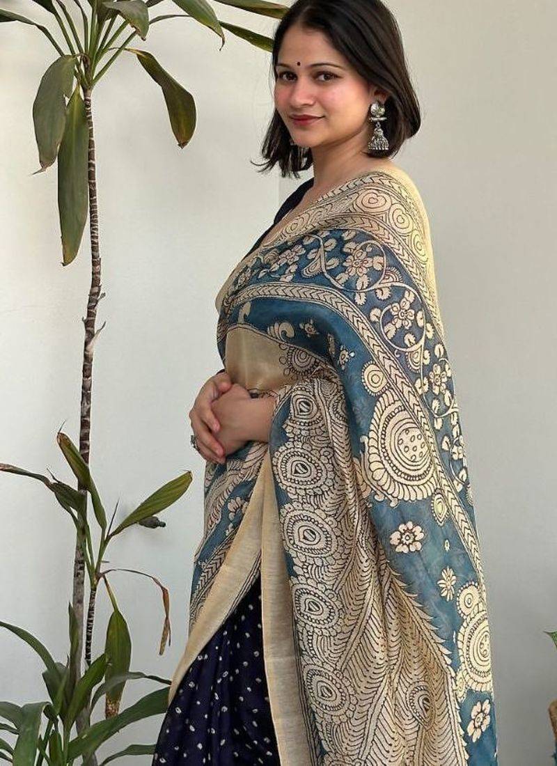 Blue bandhej print kalamkari pallu chanderi cotton saree with blouse piece