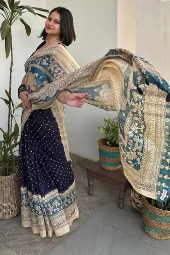 Blue bandhej print kalamkari pallu chanderi cotton saree with blouse piece