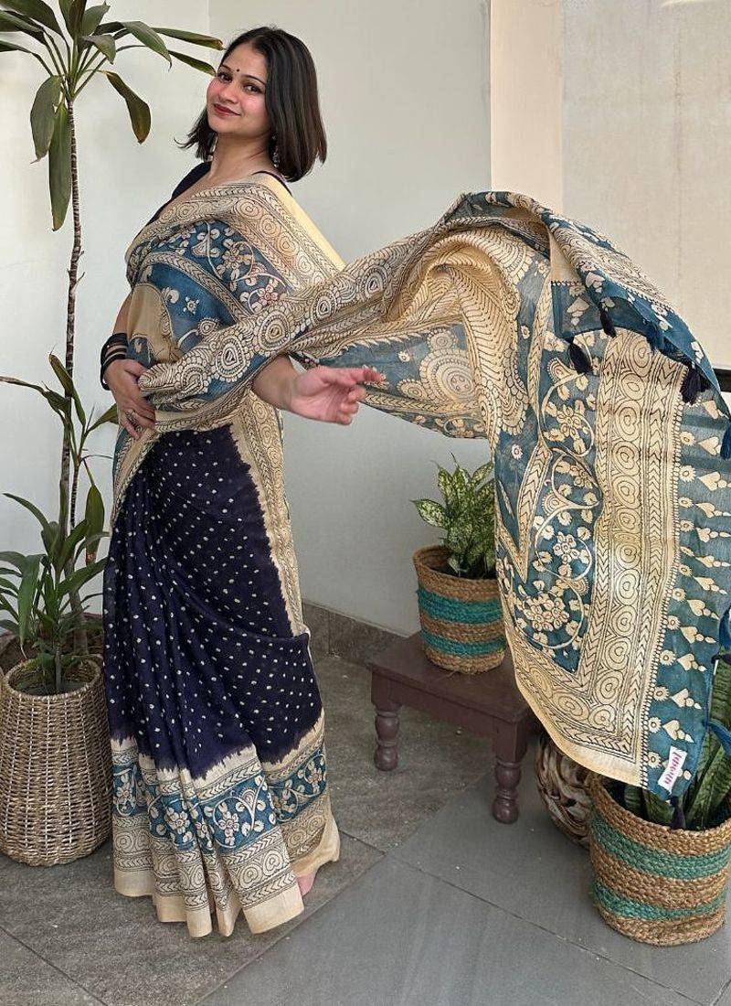 Blue bandhej print kalamkari pallu chanderi cotton saree with blouse piece