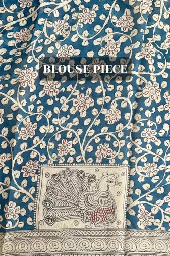 Blue bandhej print kalamkari pallu chanderi cotton saree with blouse piece