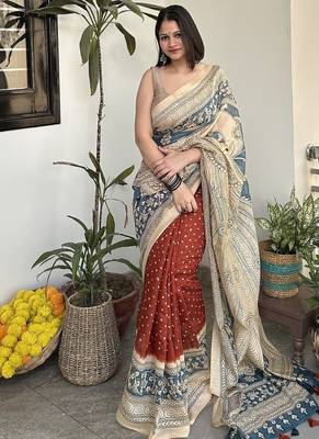 Rust orange print kalamkari pallu chanderi cotton saree with blouse piece 1