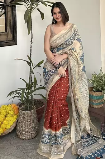 Rust orange print kalamkari pallu chanderi cotton saree with blouse piece