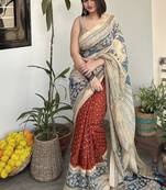 Rust orange print kalamkari pallu chanderi cotton saree with blouse piece