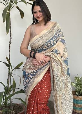 Rust orange print kalamkari pallu chanderi cotton saree with blouse piece 2