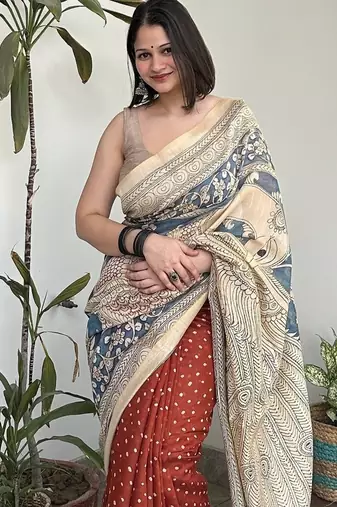 Rust orange print kalamkari pallu chanderi cotton saree with blouse piece