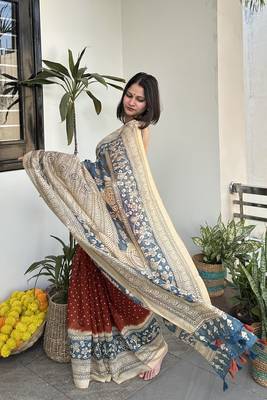 Rust orange print kalamkari pallu chanderi cotton saree with blouse piece 3