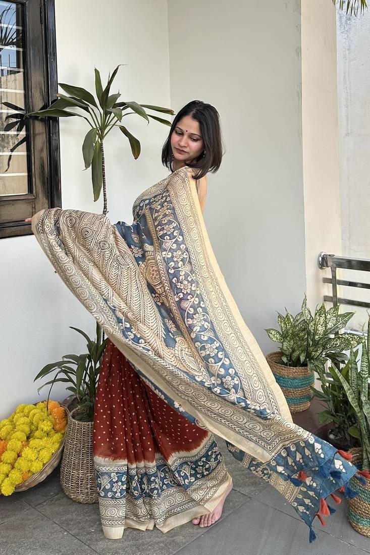 Rust orange print kalamkari pallu chanderi cotton saree with blouse piece
