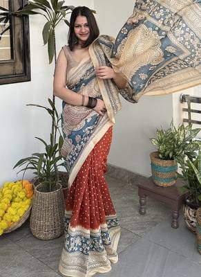 Rust orange print kalamkari pallu chanderi cotton saree with blouse piece 4