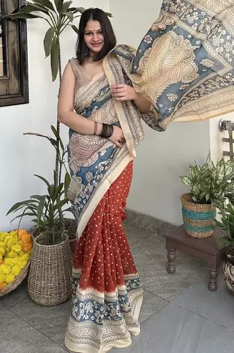 Rust orange print kalamkari pallu chanderi cotton saree with blouse piece