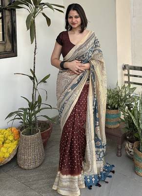 Brown bandhej print kalamkari pallu chanderi cotton saree with blouse piece 1