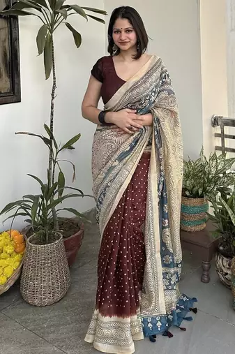 Brown bandhej print kalamkari pallu chanderi cotton saree with blouse piece