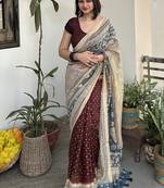 Brown bandhej print kalamkari pallu chanderi cotton saree with blouse piece