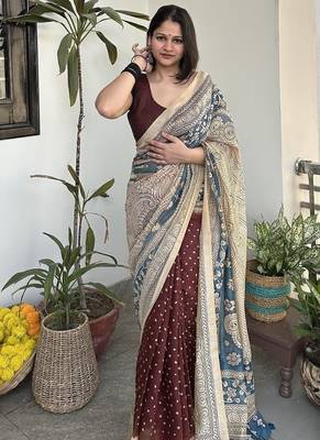 Brown bandhej print kalamkari pallu chanderi cotton saree with blouse piece 2