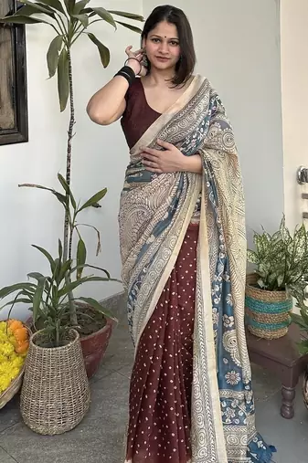 Brown bandhej print kalamkari pallu chanderi cotton saree with blouse piece