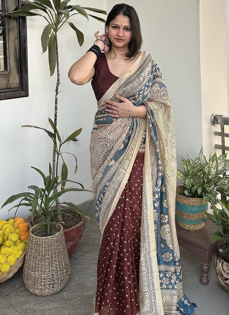 Brown bandhej print kalamkari pallu chanderi cotton saree with blouse piece