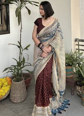 Brown bandhej print kalamkari pallu chanderi cotton saree with blouse piece 3
