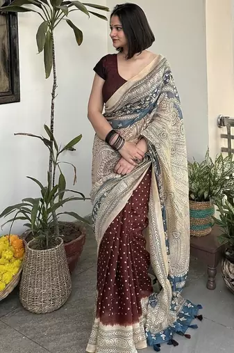 Brown bandhej print kalamkari pallu chanderi cotton saree with blouse piece