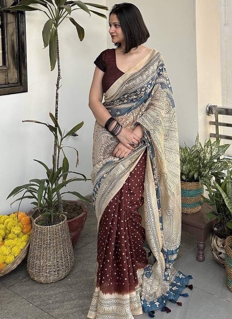 Brown bandhej print kalamkari pallu chanderi cotton saree with blouse piece