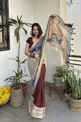 Brown bandhej print kalamkari pallu chanderi cotton saree with blouse piece 4