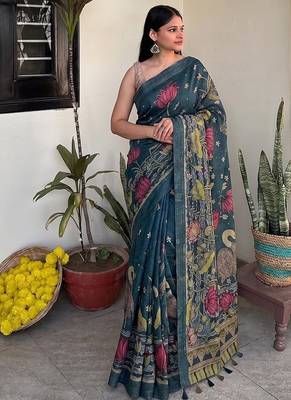 Teal blue pichwai work floral chanderi cotton saree with blouse piece 1