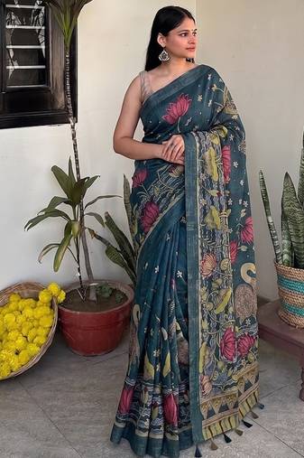 Teal blue pichwai work floral chanderi cotton saree with blouse piece