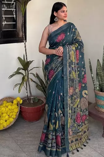 Teal blue pichwai work floral chanderi cotton saree with blouse piece