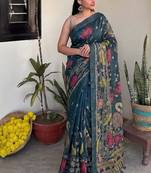 Teal blue pichwai work floral chanderi cotton saree with blouse piece