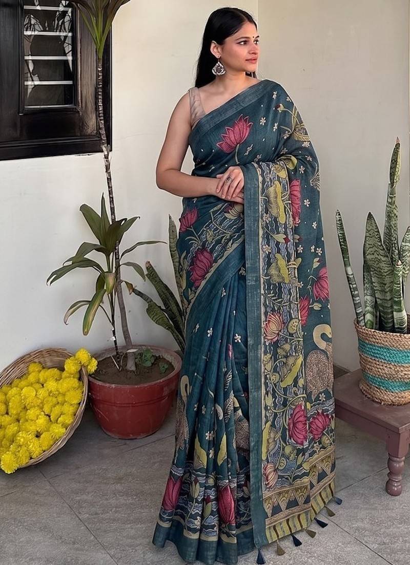 Teal blue pichwai work floral chanderi cotton saree with blouse piece