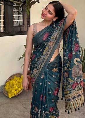 Teal blue pichwai work floral chanderi cotton saree with blouse piece 2