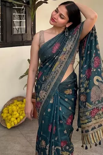 Teal blue pichwai work floral chanderi cotton saree with blouse piece