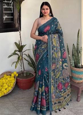Teal blue pichwai work floral chanderi cotton saree with blouse piece 3