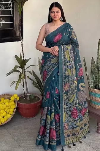 Teal blue pichwai work floral chanderi cotton saree with blouse piece