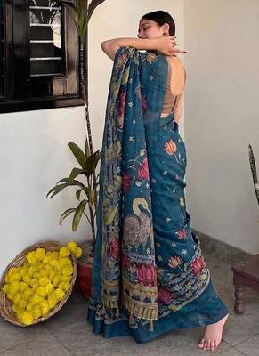 Teal blue pichwai work floral chanderi cotton saree with blouse piece 4