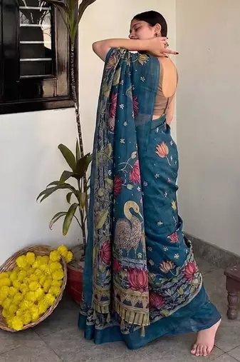 Teal blue pichwai work floral chanderi cotton saree with blouse piece