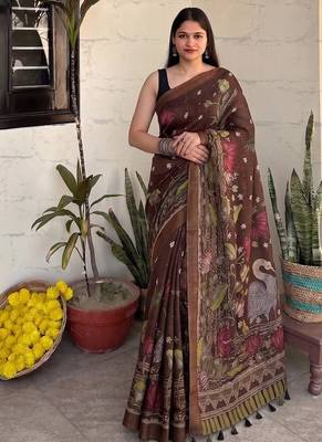 Brown pichwai work floral chanderi cotton saree with blouse piece 1