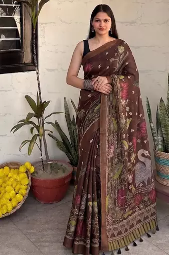 Brown pichwai work floral chanderi cotton saree with blouse piece