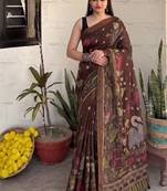 Brown pichwai work floral chanderi cotton saree with blouse piece