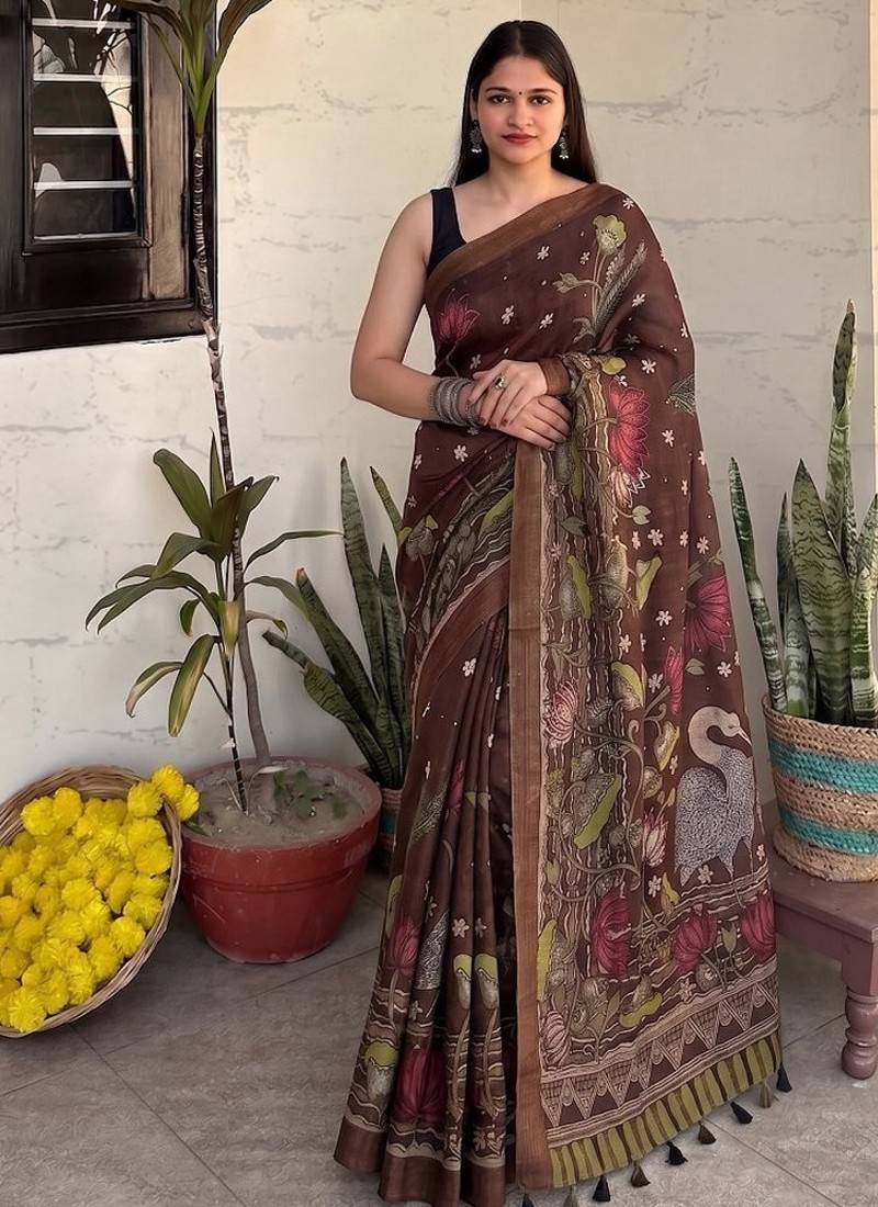 Brown pichwai work floral chanderi cotton saree with blouse piece