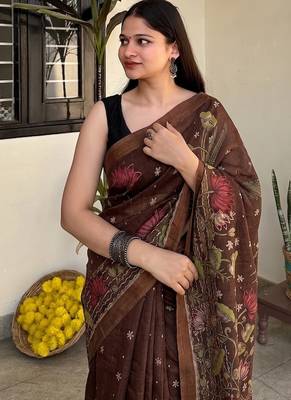 Brown pichwai work floral chanderi cotton saree with blouse piece 2