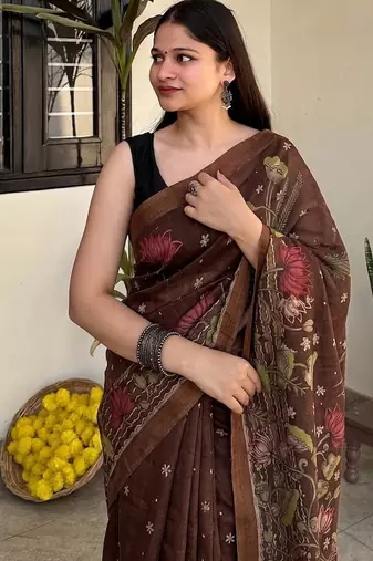 Brown pichwai work floral chanderi cotton saree with blouse piece
